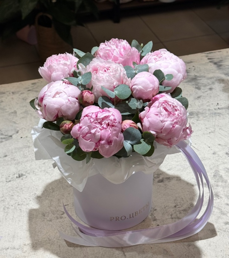 Коробка из 7 пионов и эвкалипта